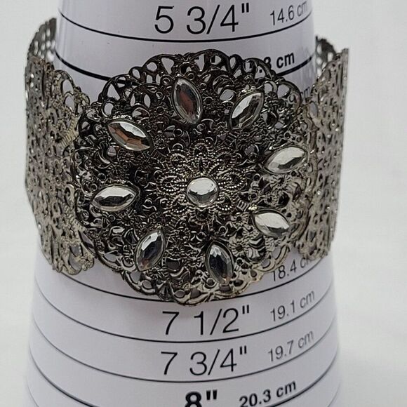 Vintage Fillagree Metal Wide Cuff Bracelet Silver Rhinestone Perforated Scroll - Picture 3 of 9